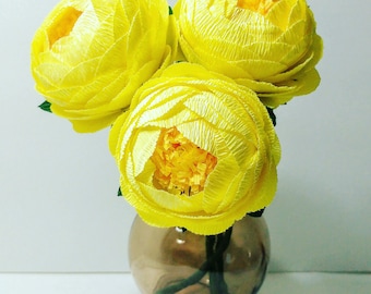 3 Crepe paper flower Lemon Yellow Peony crepe paper flower bouquet Flore de papel paper peony crepe peony wedding bouquet idea peonies