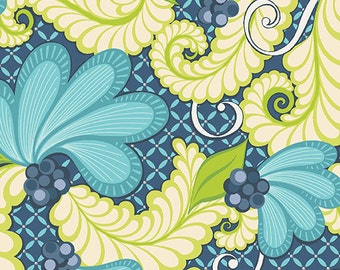 Fabric, Feather Scroll Turquoise, Cotton Fabric, Turquoise Fabric, Quilting Fabric, Fat Quarter, Fabric by the Yard, Feathers and Flourishes