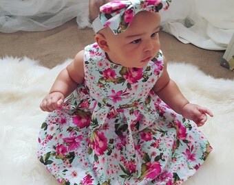 Baby Girls Floral Dress with matching bow headband