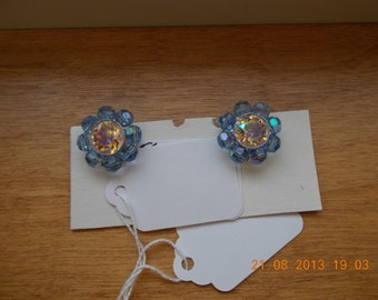 Blue and clear rhinestone clip earrings