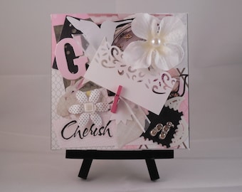 Original Mixed Media Collage Art, 5x5, Canvas, “Cherish,” Baby Girl