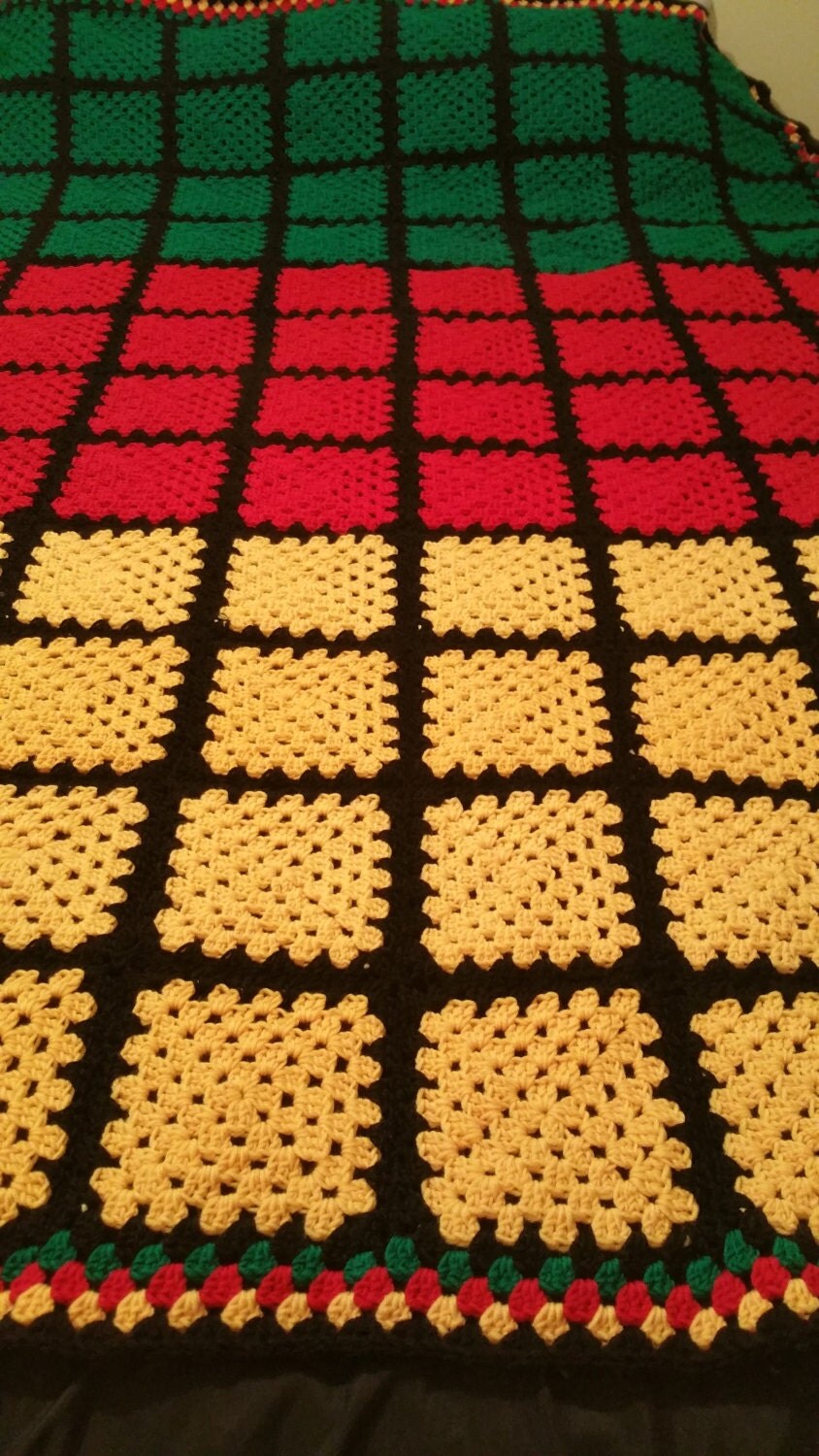 blanket crochet yellow black red and green by GrannyblanketsShop