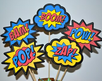 Superhero Action Words Set of 5 Centerpiece Picks ( Double-sided)