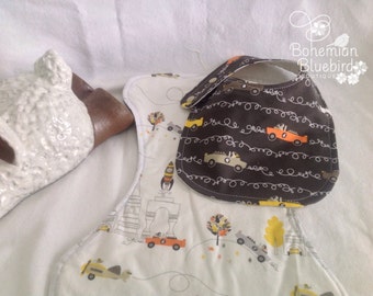 FREE SHIPPING-Baby Bib and Burp Cloth Set-Race Car-Retro Bib and Burp Cloth-Retro Baby Gift Set-Scribble Car-Baby Shower Gift Set