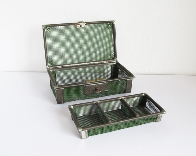 Green industrial mens trinket box, tool screw sorting storage case, open wire lockbox, mens jewelry box, watch box, vintage cash register