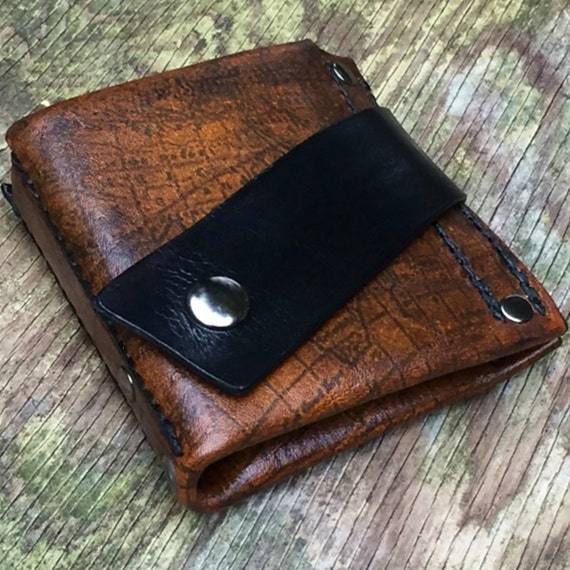 Men&#39;s Brown Leather Money Clip Snap Wallet Hand Stitched