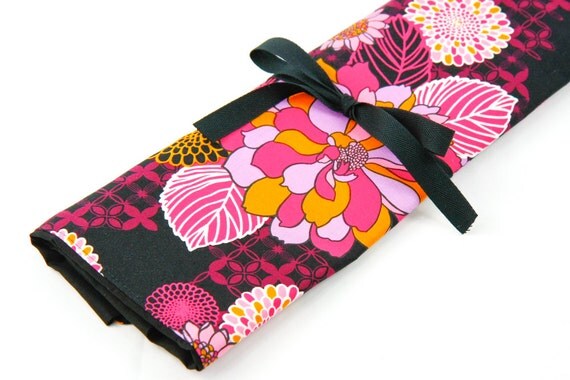 Large Knitting Needle Case Organizer - Hot Blossom - 30 black pockets for straight, circular, double point needles or paint brushes