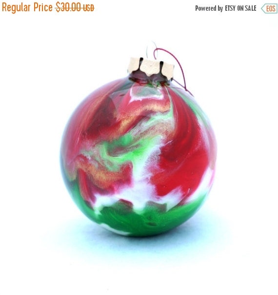 SALE OOAK Glass Christmas Ball Hand Painted Inside Red Green White Large Ornament