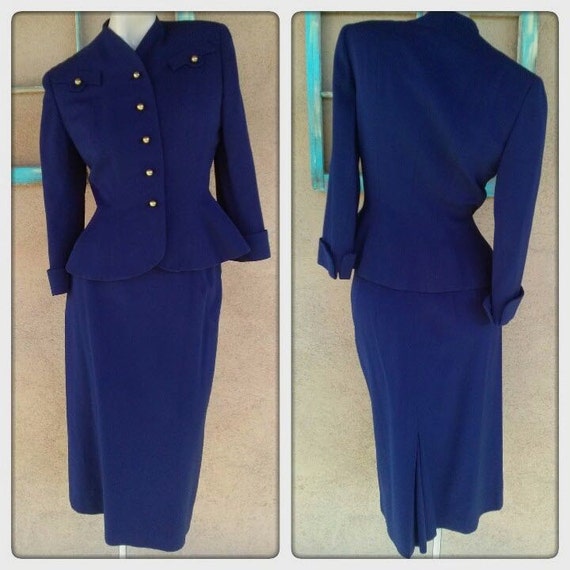 Vintage 1950s Suit Gabardine Navy Blue 50s Wool 2 PC W22 US 2