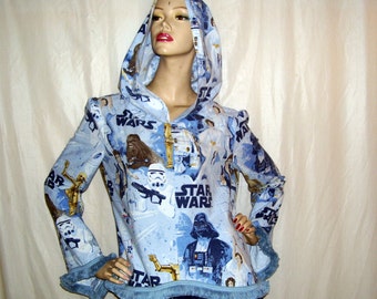 Star Wars OOAK Hoodie Upcycled Shirt Mom Party Vintage Pattern Hippie Fabric Hoodie Fringe Top Disney Cruise Resort Dress Adult 12