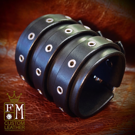 Black Leather Cuff wide Rocker style with eyelets Custom made for YOU in NYC by Freddie Matara
