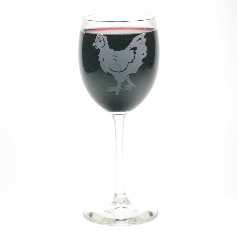 Chicken Wine Glass 12oz etched stemware hen by BreadandBadger