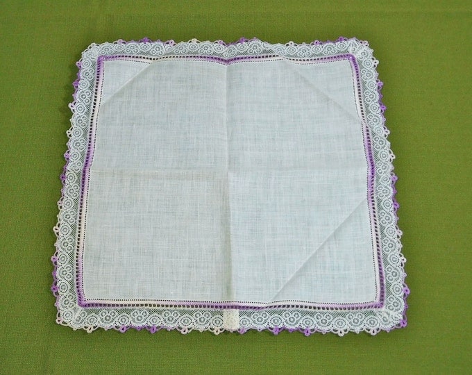 Purple Crocheted Lace Edge White Hankie Handkerchief 12.5 inch