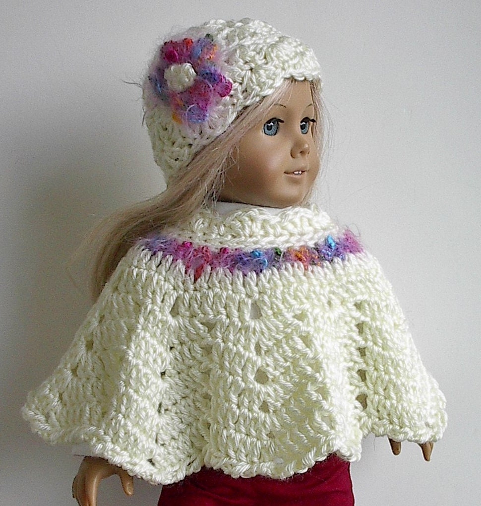 18 Inch Doll Clothes Crocheted Poncho Set In Cream With Multi 5339