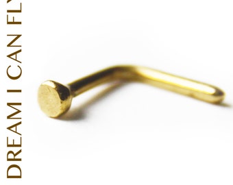 24K Gold 18g Rustic Disc Nose Stud - Flat L-Shaped Nose Ring in 18 gauge solid 24K yellow gold