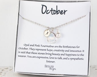 October Birthstone Silver Necklace, White Opal Necklace, October Birthday Jewelry, Personalized Silver Necklace, October Birthday Gift #869