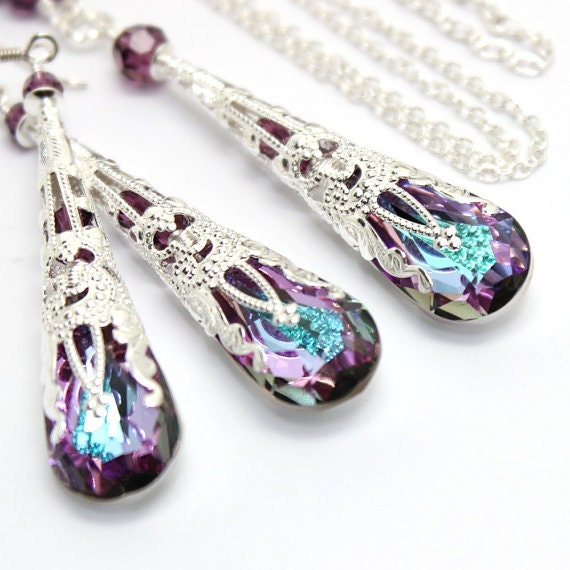 Violet Purple Jewelry Set,Turquoise Necklace Earrings,Amethyst Swarovski Crystal Sterling,Silver Filigree Cone,Steampunk Bridal Bridesmaids by MartakyArt steampunk buy now online