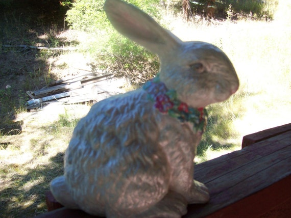 Gray ceramic hand painted Bunny Rabbit with a flower necklace, indoor, outdoor decor, gift, decoration, bunny, rabbit, ceramic decoration,