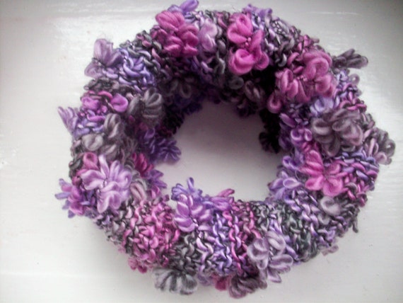 Knitted neck warmer, cosy cowl, warm collar, pink, purple, grey textured floral effect