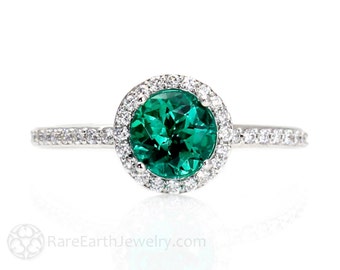 Emerald Ring Emerald Engagement Ring 14K Diamond Halo Emerald Ring May Birthstone Custom Gemstone Ring