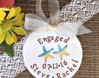 Beach Themed Star Fish Engagement Ornament -Personalized,Engagement Gift for Couple,Ceramic Ornament,Dated Ornament,Wedding Ornament