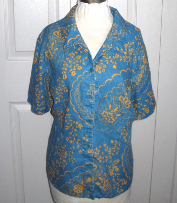 flax blouse . flax . blue and orange blouse . size L . Flax