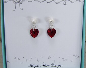 Red Crystal Heart Earrings, Sterling Silver Stardust Earrings