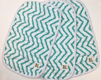 3 pack Muslin Burp Cloths, made from organic cotton - Teal Chevron - 4 layers of soft muslin