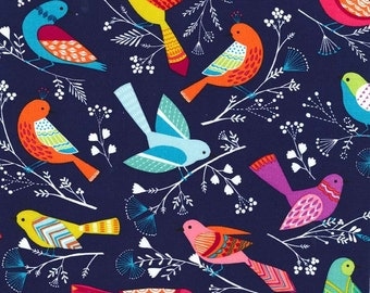 FLOCK Navy Blue Bird Birds Cotton Quilt Fabric - by the Yard, half Yard, or Fat Quarter Colorful