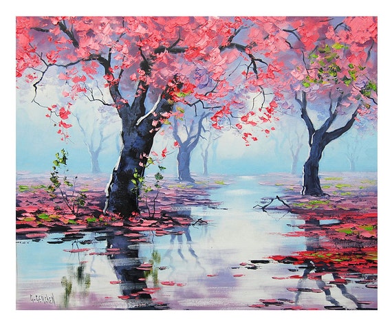 PINK WALL ART Decor Tree Paintings pink landscape Trees River