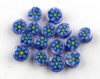 Handmade Lampwork Murrine Cobalt/Turqoise Daisy 104 COE Murrini slices 15 - R