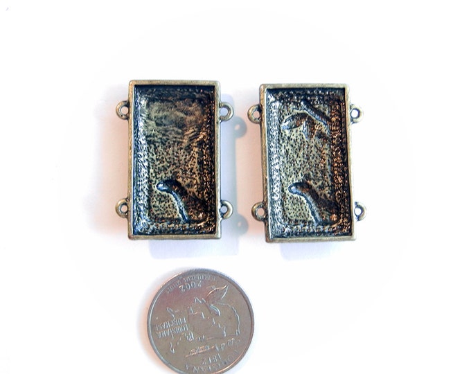 Pair of Double Link Burnished Gold-tone Rectanglular Deer Connector Charms