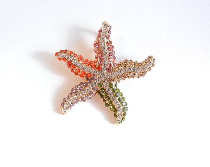 Multi Colored Rhinestone Starfish Pendant Gold-tone