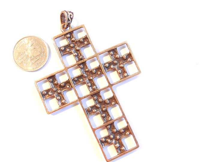 Large Antique Gold-tone Coppery Cut Out Cross Pendant Rhinestones