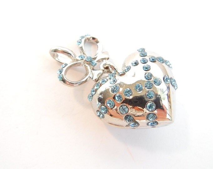 Silver-tone Dimensional Heart with Blue Rhinestone Pendant