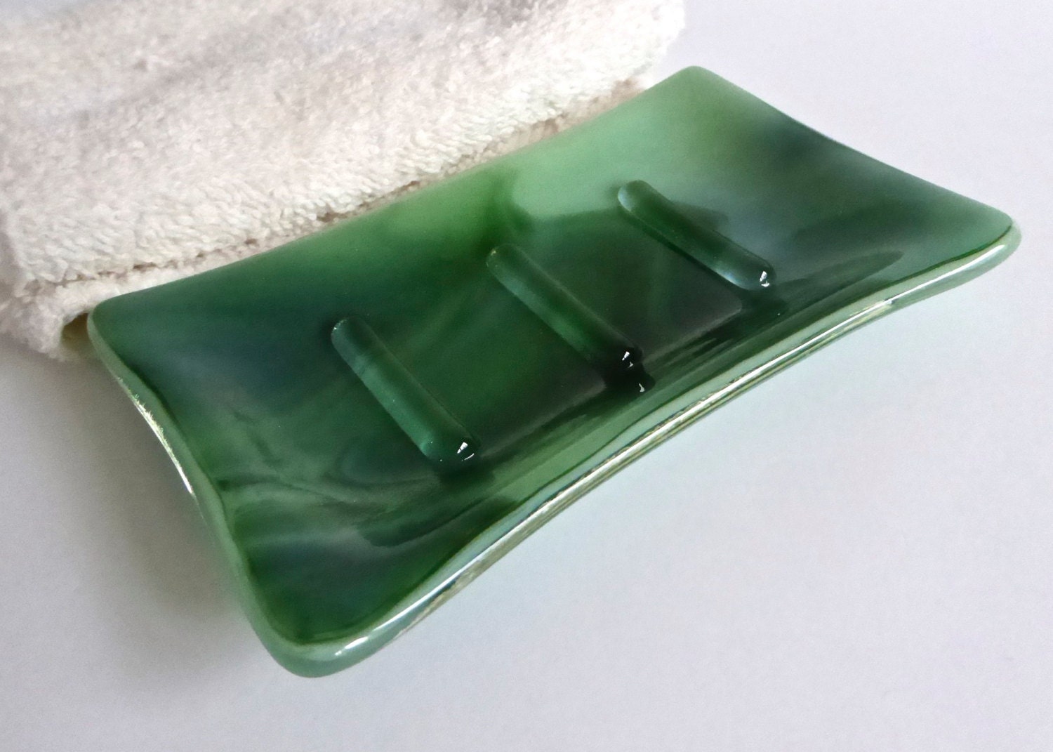 Fused Glass Soap Dish in Streaky Greens
