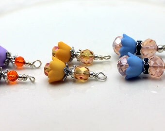 3 Pair of Baby Bell Lucite Flower Bead Dangle Charm Drop Sets In Buttercup Purple and Blue with Pink