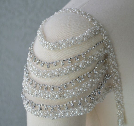 Detachable Add-on Beaded Ivory and Rhinestone Cap Sleeves Set