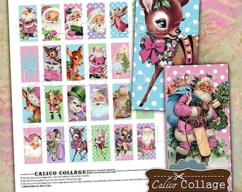 Cute Christmas, 1x2 Domino Images, Pink Santa, 1x2 Collage Sheet, Retro Christmas, Digital Collage Sheet, Printable Paper, Decoupage Paper