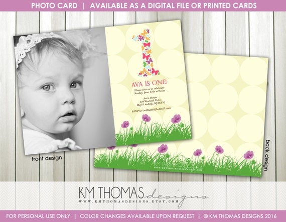 1st Birthday Photo Invitation : Butterfly Photo Invitation - Girl Butterfly Party - Printable Butterfly Invitation - Flowers - BD120 Il_570xn
