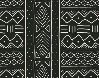 African Fabric - Mudcloth In Bone On Black By Domesticate - African Cotton & Upholstery Fabric By The Yard With Spoonflower