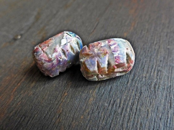 Broken Rainbows- rustic polymer clay art beads- pair (2) cubic handmade artisan crackle beads in periwinkle blue by fancifuldevices