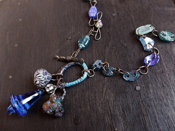 Bluebell’s Ring. Primitive assemblage necklace with roman glass and found objects. 