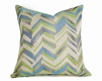 Blue Green Chevron Pillow Covers, Decorative Throw Pillow, Turquoise Chartreuse Gold Pewter, Toss Cushion Covers, 12x18, 18x18, 20x20