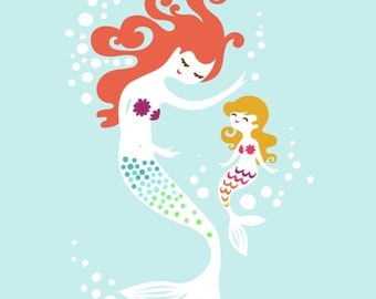 8X10" Mermaid mother & Daughter giclee print on fine art paper. Sky blue, rainbow tails, pink/redhead blonde