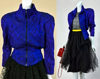 80s IIF Blue Space Age Jacket With Black Pipping Detail | Small