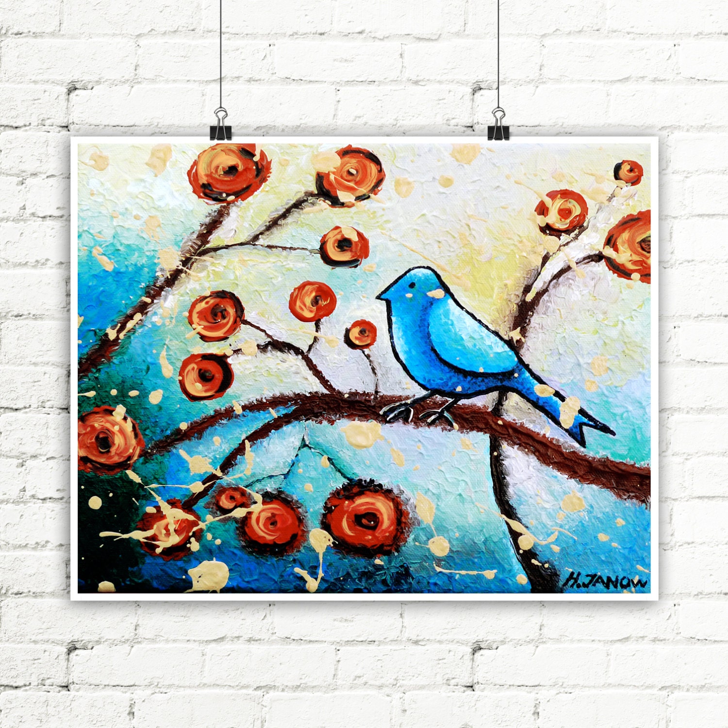 Whimsical Bird Print Bird Art Wall Decor Blue Bird of