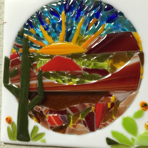 Fused Glass Desert Sunset Cactus Scene Landscape Wall Art