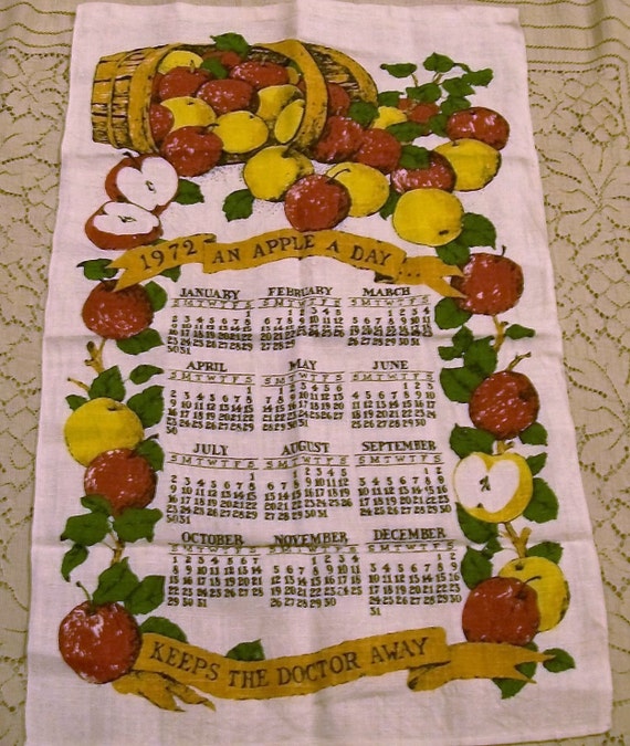 1972 Linen Calendar Towel An Apple A Day red apples Kitchen