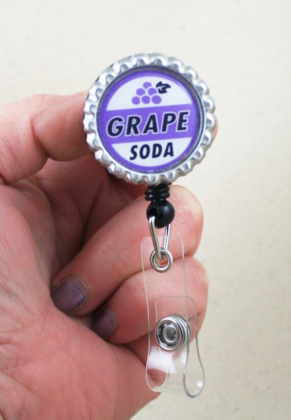 Retractable ID Badge Reel Grape Soda Bottle Cap Pin Ellie